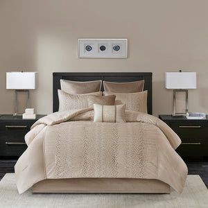 English Elm 8 Piece Embroidered Comforter Set In Natural King - Elegant Faux Silk With Geometric Accents B03597012