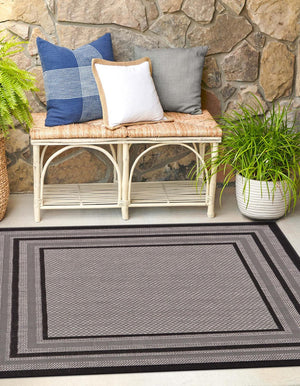 Unique Loom Outdoor Border Multi Border Machine Made Border Rug Gray, Black/Gray/Silver 6' 0" x 6' 0"