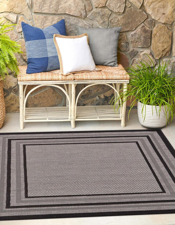 Unique Loom Outdoor Border Multi Border Machine Made Border Rug Gray, Black/Gray/Silver 6' 0" x 6' 0"