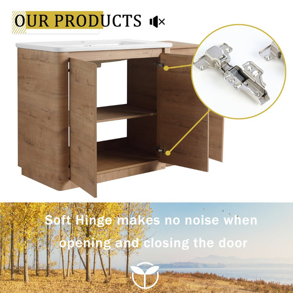 English Elm 48" Floating Bathroom Vanity Dual Ceramic Vessel Sinks Oak Finish Soft Close Doors W999S00512
