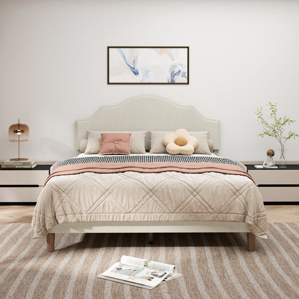 English Elm Queen Upholstered Platform Bed with Adjustable Headboard, Linen Fabric, Sturdy 1000lb Frame, Beige W1716P280054
