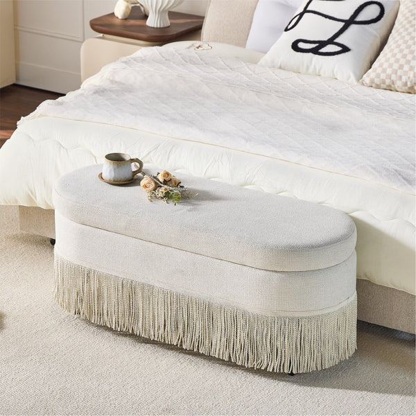 English Elm Oval Fringe Trim Upholstered Lift Top Storage Ottoman Stylish Footrest for Any Room Beige W5501P462403