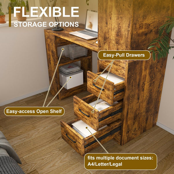 English Elm Computer Desk with 4-in-1 Charging Station, 3 Drawers & 4 Shelves, 15mm MDF Carbonized Finish W2700P349878