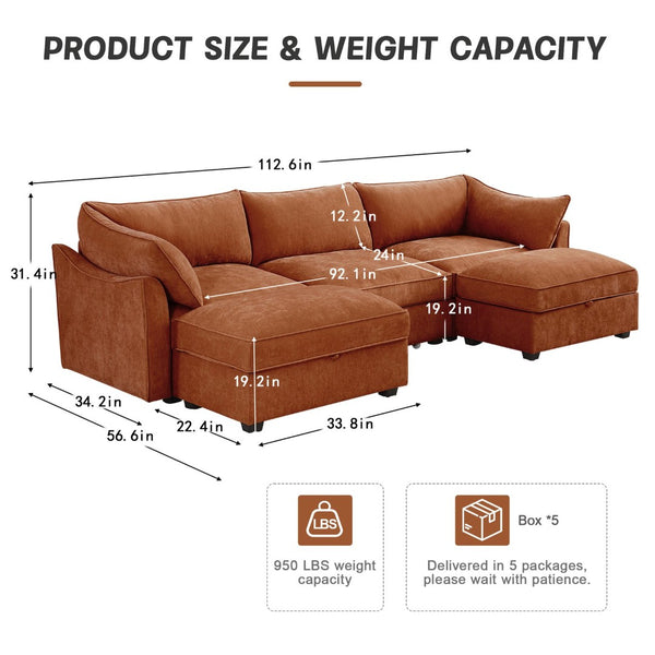 English Elm U Shape Modular 3-Seater Deep Seat Sofa With Ottomans, Stylish Storage & Cozy Chenille Comfort W3041S00207-GIGA
