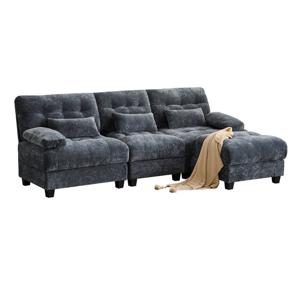 English Elm 93" 3+1 Seater Sofa with Ottoman, 4-Position Recline, 350lb Capacity Per Seat, Plush Chenille, 3 Pillows Blue W2606S00041