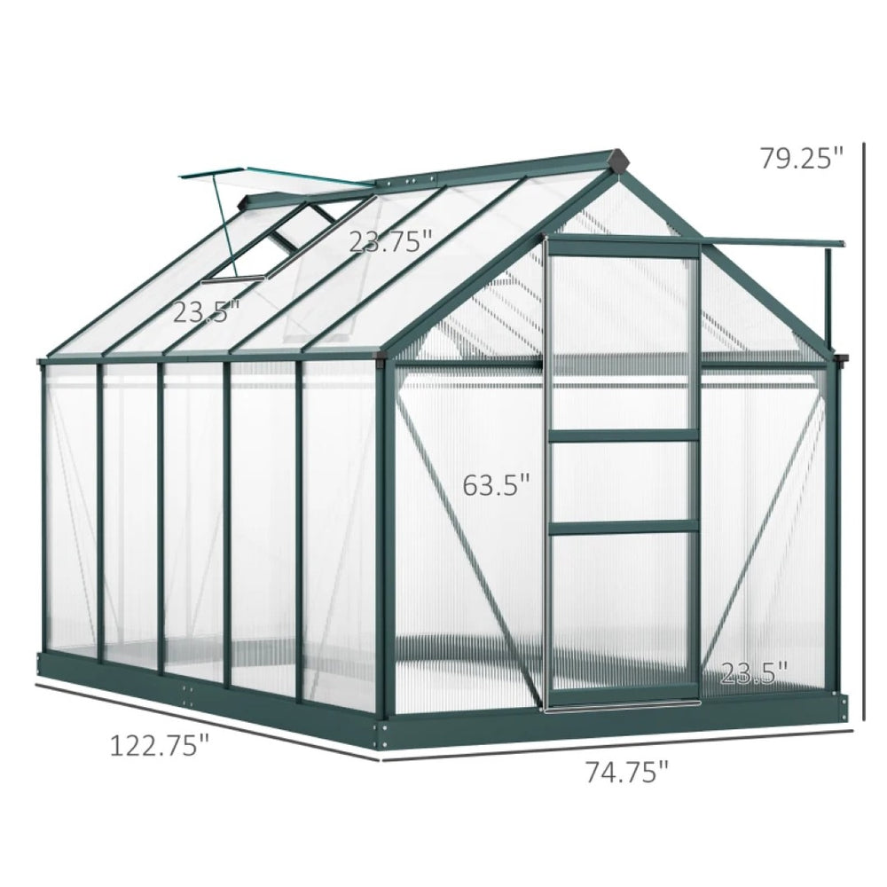 English Elm Walk-in Outdoor Greenhouse Polycarbonate Panels Aluminum Frame Uv Protection Rooftop Vent T3971S00163
