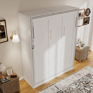 English Elm Rotating Queen Murphy Wall Bed with 14 Open Shelves Hydraulic Lift Space Saving White LP000962AAK