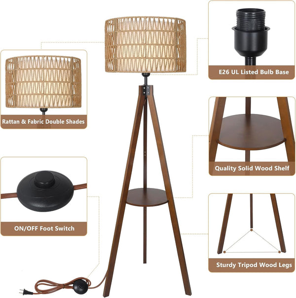English Elm Boho Rubber Wood Tripod Floor Lamp with Shelves, Dual Rattan & Fabric Shades, Foot Switch Light W2738P185422