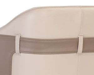 Sunpan Carter Barrel Back Barstool in Faux Leather with Black Steel Legs and Copper Foot Caps for Elegance Napa Beige / Napa Tan