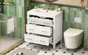 English Elm 30'' Bathroom Vanity with Ceramic Sink, Solid Wood Frame Retro Style Vanity with 3 Drawers & Gold Handles White N710P246209K