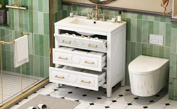 English Elm 30'' Bathroom Vanity with Ceramic Sink, Solid Wood Frame Retro Style Vanity with 3 Drawers & Gold Handles White N710P246209K