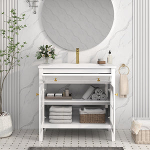 English Elm 35.6" Freestanding Bathroom Vanity with Roman Column Base and Ceramic Integrated Sink White W1801S00001