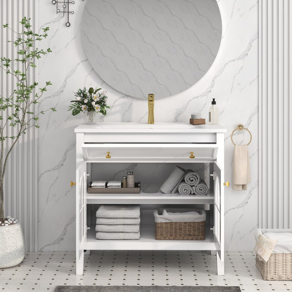 English Elm 35.6" Freestanding Bathroom Vanity with Roman Column Base and Ceramic Integrated Sink White W1801S00001