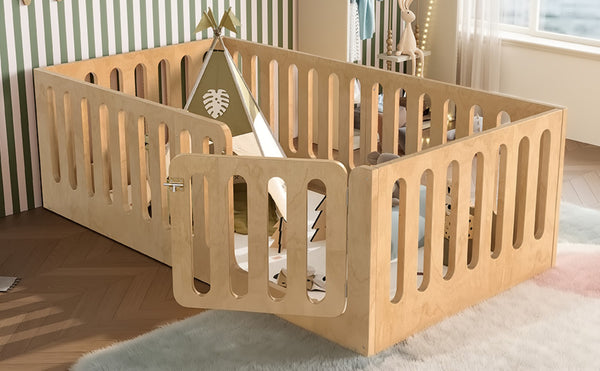 English Elm Twin Solid Pine Montessori Floor Bed with House Frame Door and Safety Fence Natural W5305P420633