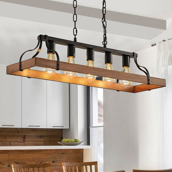 English Elm 34-Inch Industrial Pendant Light with 5 E26 Sockets, Adjustable Chain, Iron Linear Chandelier for Kitchen Walnut W2312P374834
