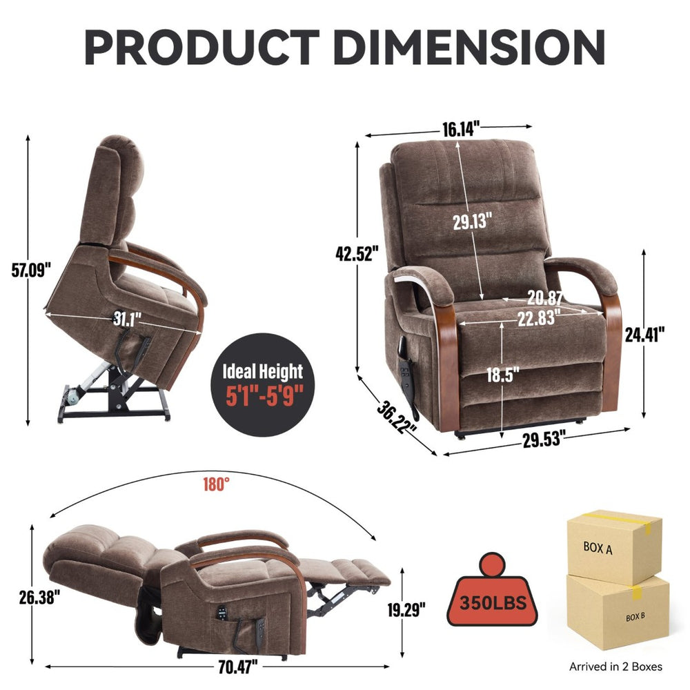 English Elm Power Lift Recliner Chair Chenille Upholstery Dual Motor Heat Massage Solid Wood Arms Brown W1803S00068