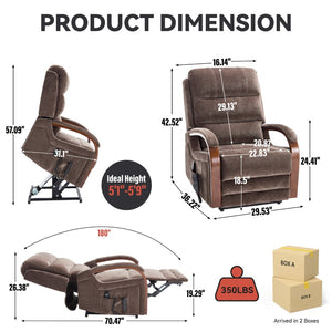 English Elm Power Lift Recliner Chair Chenille Upholstery Dual Motor Heat Massage Solid Wood Arms Brown W1803S00068