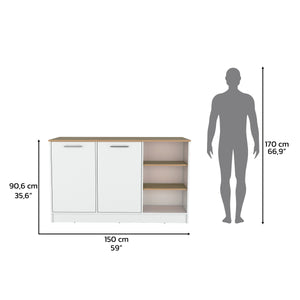 English Elm Kitchen Island With Two Cabinets & Three Open Shelves - Modern White & Natural Oak Storage Solution B097S00143