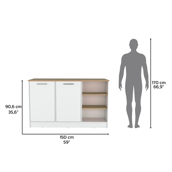 English Elm Kitchen Island With Two Cabinets & Three Open Shelves - Modern White & Natural Oak Storage Solution B097S00143