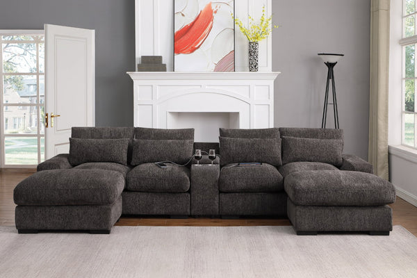 English Elm Modern Flannel Velvet Modular Sectional with Reclining Seats Usb Console Ottomans Coffee B2730S00047