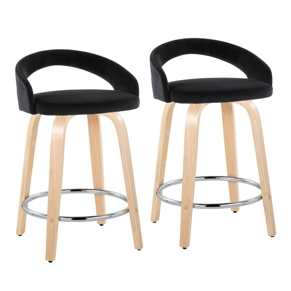 English Elm Fixed-height Swivel Counterstools with Velvet Seats Bent Wood Legs Chrome Footrest Set of 2 B202S01763