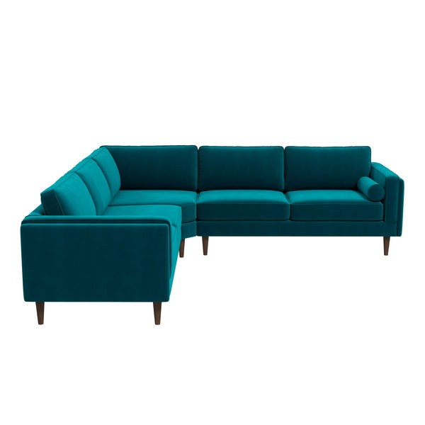 English Elm Ashcroft Furniture - Amber Teal Velvet Corner Sectional Sofa — Mid-Century Teal Velvet, Solid Wood Frame, Removable Cushions, Plush Comfort B183S00070