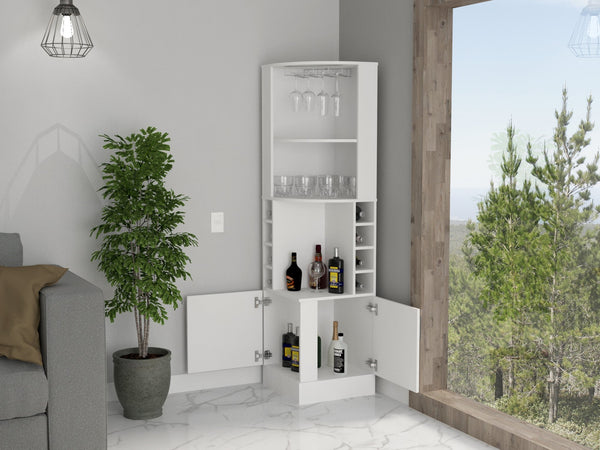English Elm Seattle Corner Bar Cabinet with Eight Bottle Cubbies, Two Open Display Shelves, Modern Ergonomic Design White 46 L x 23 W x 7 H B128P176128