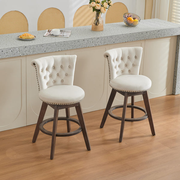 English Elm 26" Velvet Swivel Counter Stools Set of 2 with Tufted Back, Foam Cushion & Solid Wood Legs Beige W1143P362518