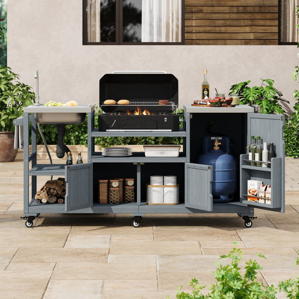 English Elm K&k Solid Fir Outdoor Kitchen Island with Sink Stainless Steel Top and Grill Cutout Grey+Blue N707S000022G