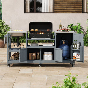 English Elm K&k Solid Fir Outdoor Kitchen Island with Sink Stainless Steel Top and Grill Cutout Grey+Blue N707S000022G