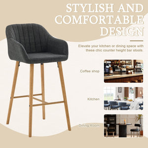 English Elm Modern Linen Upholstered Barstools with Oak Legs Armrests and Footrest for Kitchen Islands Black W395P396317