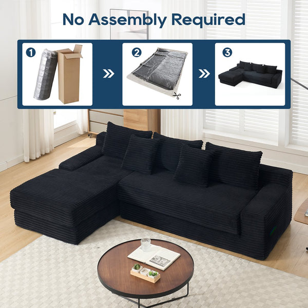 English Elm Memory foam L-shaped compression sofa bed with corduroy upholstery, modular no-assembly design, cloud comfort and space-saving functionality for apartments and home theaters Black W2959S00008