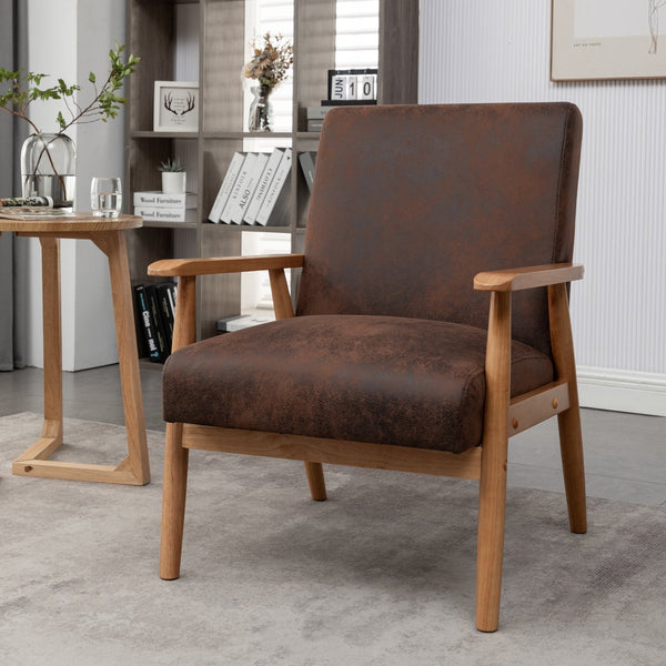 English Elm 25.38'' 25.38" Wide Classic Mid-Century Modern Arm Chair with Solid Wood Arms, Plush Foam & Microfiber Finish Brown B2735P271016