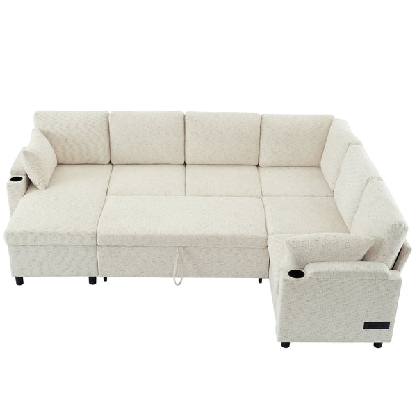 English Elm 109.9" Sectional Sofa Bed U-Shaped Pull-Out Sleeper with Storage Chaise, Cup Holders, USB Ports & Chenille Comfort Beige N719S001910A