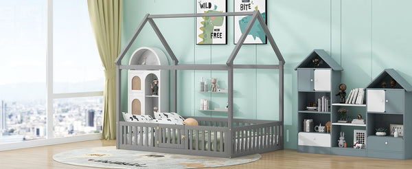 English Elm Full Size Pine House Bed with Pitched Roof Fence and Door for Kids Playroom WF531502AAE