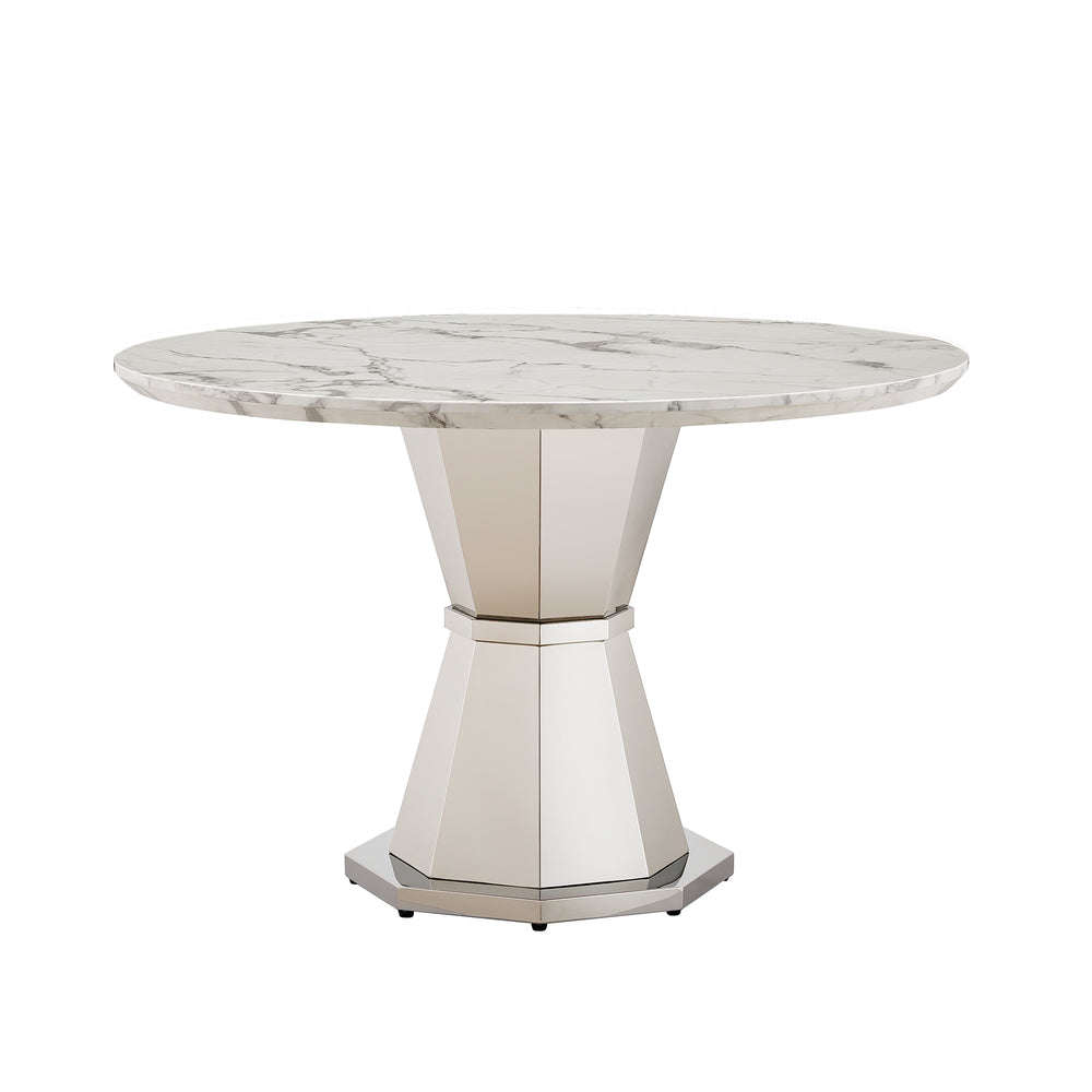 English Elm 47" Round Marble Dining Table | Modern High Gloss Faux Marble & Stainless Steel Base For Any Space W3456S00003