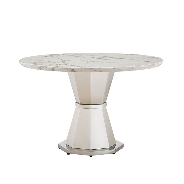 English Elm 47" Round Marble Dining Table | Modern High Gloss Faux Marble & Stainless Steel Base For Any Space W3456S00003