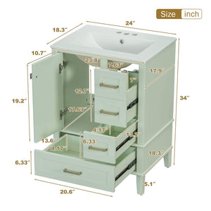 English Elm 24" Olive Bathroom Vanity Solid Wood Frame Ceramic Sink Gold Hardware Soft Close Green N729P373276F