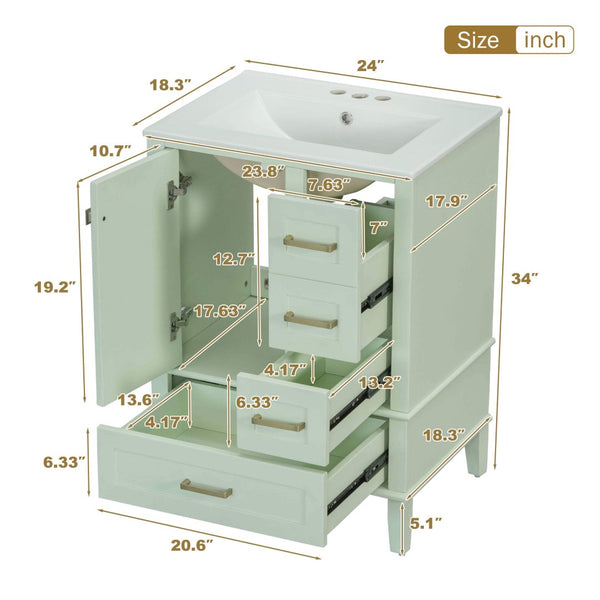 English Elm 24" Olive Bathroom Vanity Solid Wood Frame Ceramic Sink Gold Hardware Soft Close Green N729P373276F