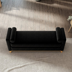 English Elm 66.34 Inch Sherpa Fleece Bench with Fluted Wood Legs Bolster Pillows Mid-century Lounge Black+Natural W1658P445920
