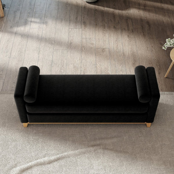 English Elm 66.34 Inch Sherpa Fleece Bench with Fluted Wood Legs Bolster Pillows Mid-century Lounge Black+Natural W1658P445920