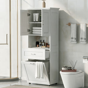 English Elm Tall Bathroom Cabinet with Tilt-Out Laundry Hamper, Adjustable Shelves, Anti-Tip Design & Large Storage White WF323481AAK