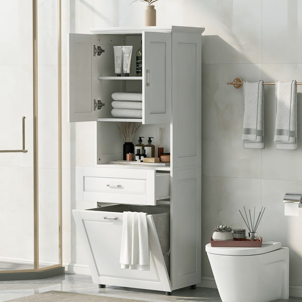 English Elm Tall Bathroom Cabinet with Tilt-Out Laundry Hamper, Adjustable Shelves, Anti-Tip Design & Large Storage White WF323481AAK