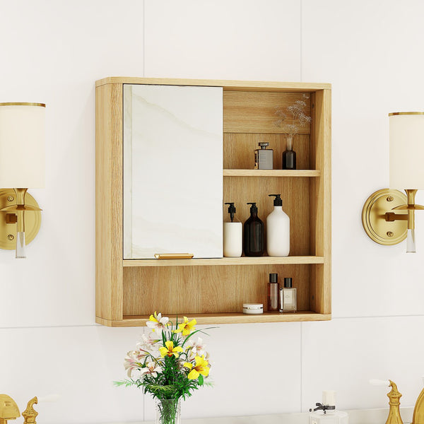 English Elm Natural Wood Tone Mdf Wall Cabinet with Mirror Open Shelves and Door for Bathroom W3875P379311