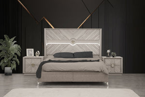 English Elm Eternity Queen Size Bed With Gold Accents, Eucalyptus Veneer, Hydraulic Lift Storage & Elegance B009S01868