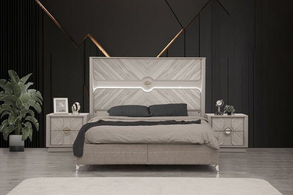 English Elm Eternity Queen Size Bed With Gold Accents, Eucalyptus Veneer, Hydraulic Lift Storage & Elegance B009S01868