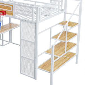 English Elm Full Full Size Metal Loft Bed with Built-In Desk, Slide, Basketball Hoop and Open Wardrobe Storage White GX001524AAK