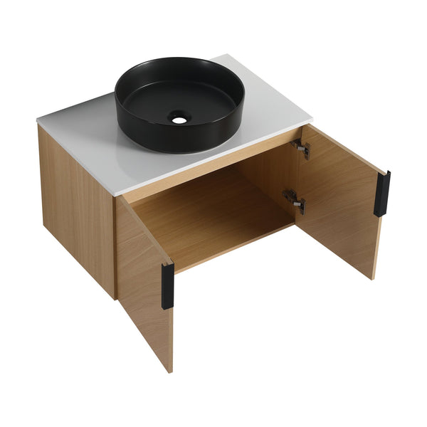 English Elm 30" Bathroom Vanity - Sleek Wall-Mounted Design With Ceramic Sink, Soft-Close Doors, Light Oak Finish W999S00444