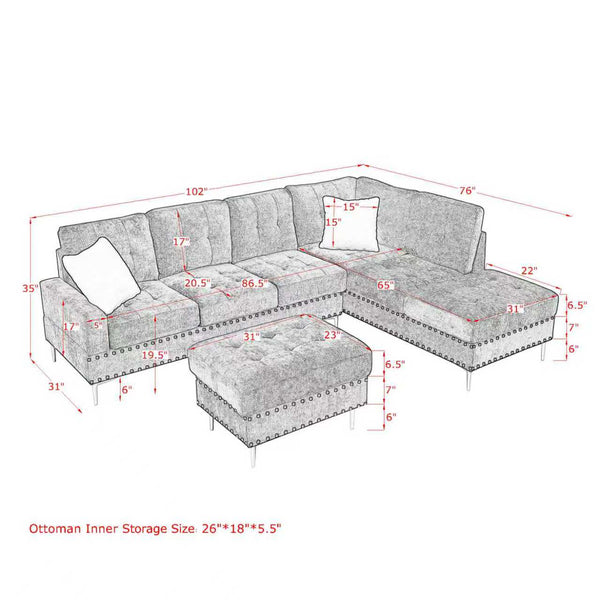 English Elm Sectional L-Shaped Chenille Sofa with Chaise Storage Ottoman, Metal Eucalyptus Frame, 4-Seater Spacious Navy Blue W1413S00118