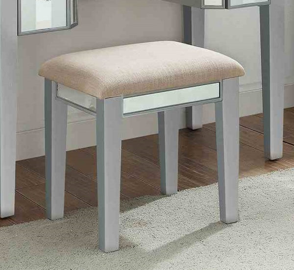 English Elm Transitional Glam Mirrored Vanity with Padded Stool, Spacious Drawers, Central Mirror for Prep and Storage Silver 50 L x 31 W x 16 H B2741P400801